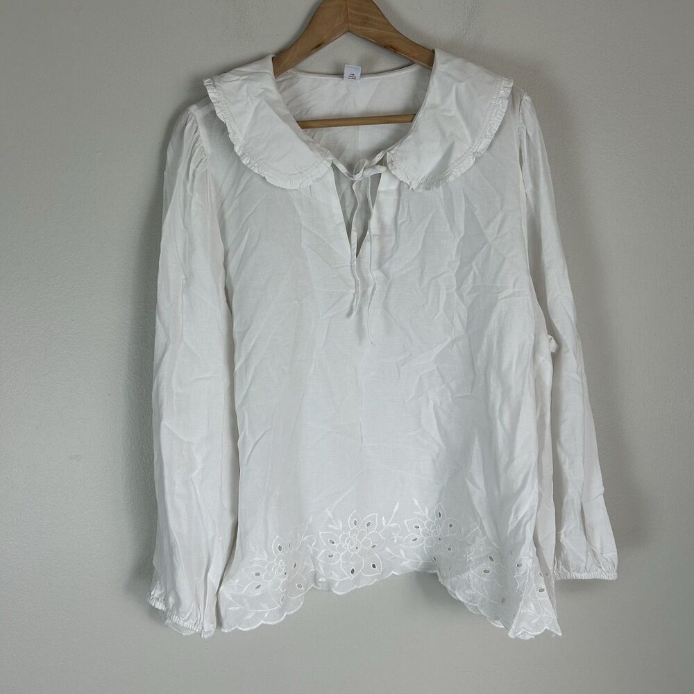Old Navy 3X Top Blouse White Peter Pan Collar Poet Embroidered Shirt Long Sleeve